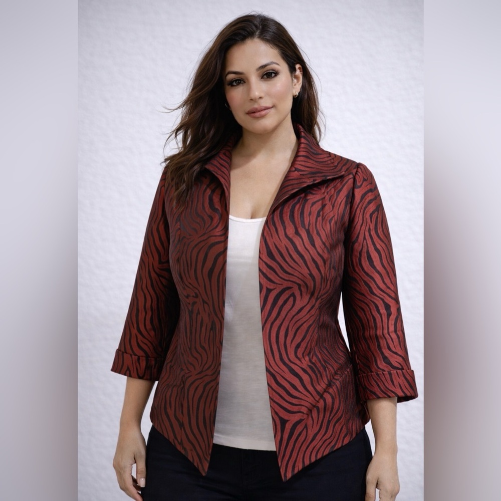 CHICO'S Tiger Print Jacket Sz Large Open Front Red Black 3/4 Sleeves